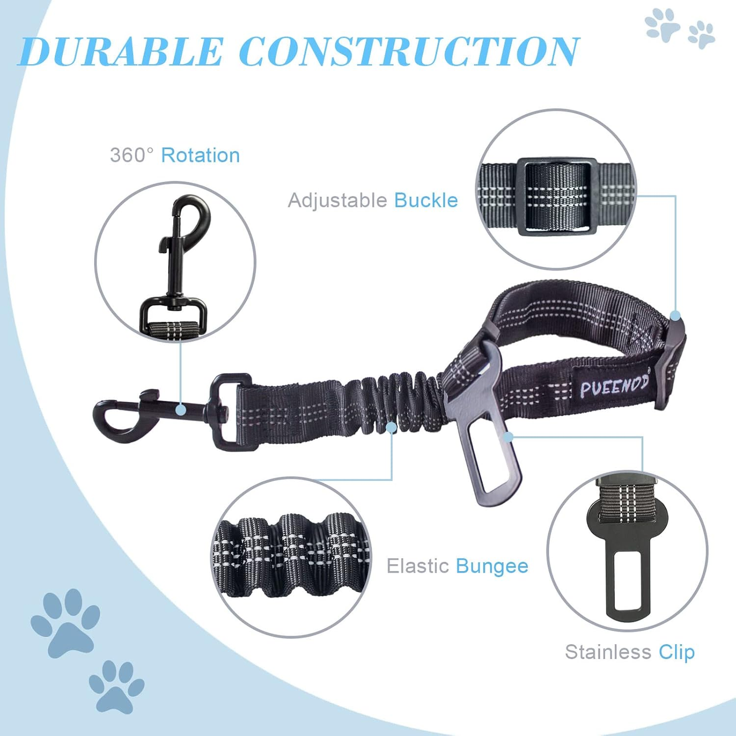 Safety Dog Seat Belts – Adjustable, Reflective & Bungee Buffer for Car Travel (2 Pack)