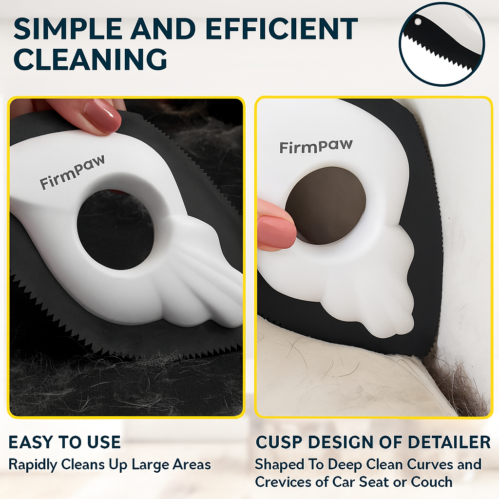 Firm Paw pet grooming tool with text highlighting its features on a white background.